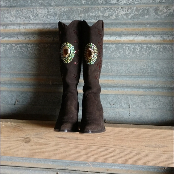 Brown Suede Sequin Pull On Colin Stuart Jeweled Boots - Picture 4 of 8